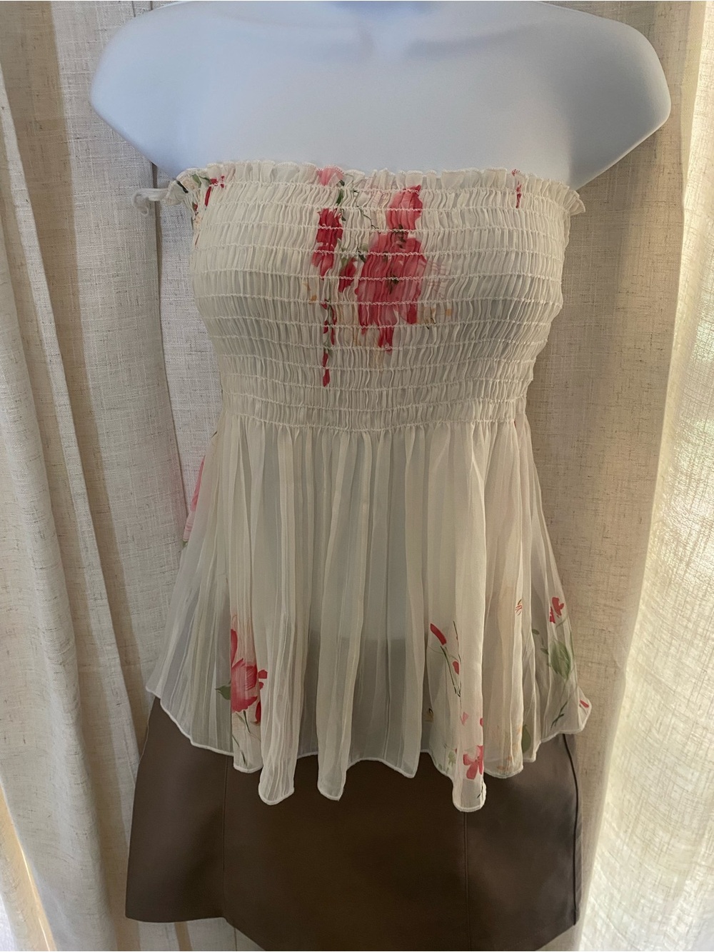 Body Central Cream Strapless Smocked Floral Peplum Camisole